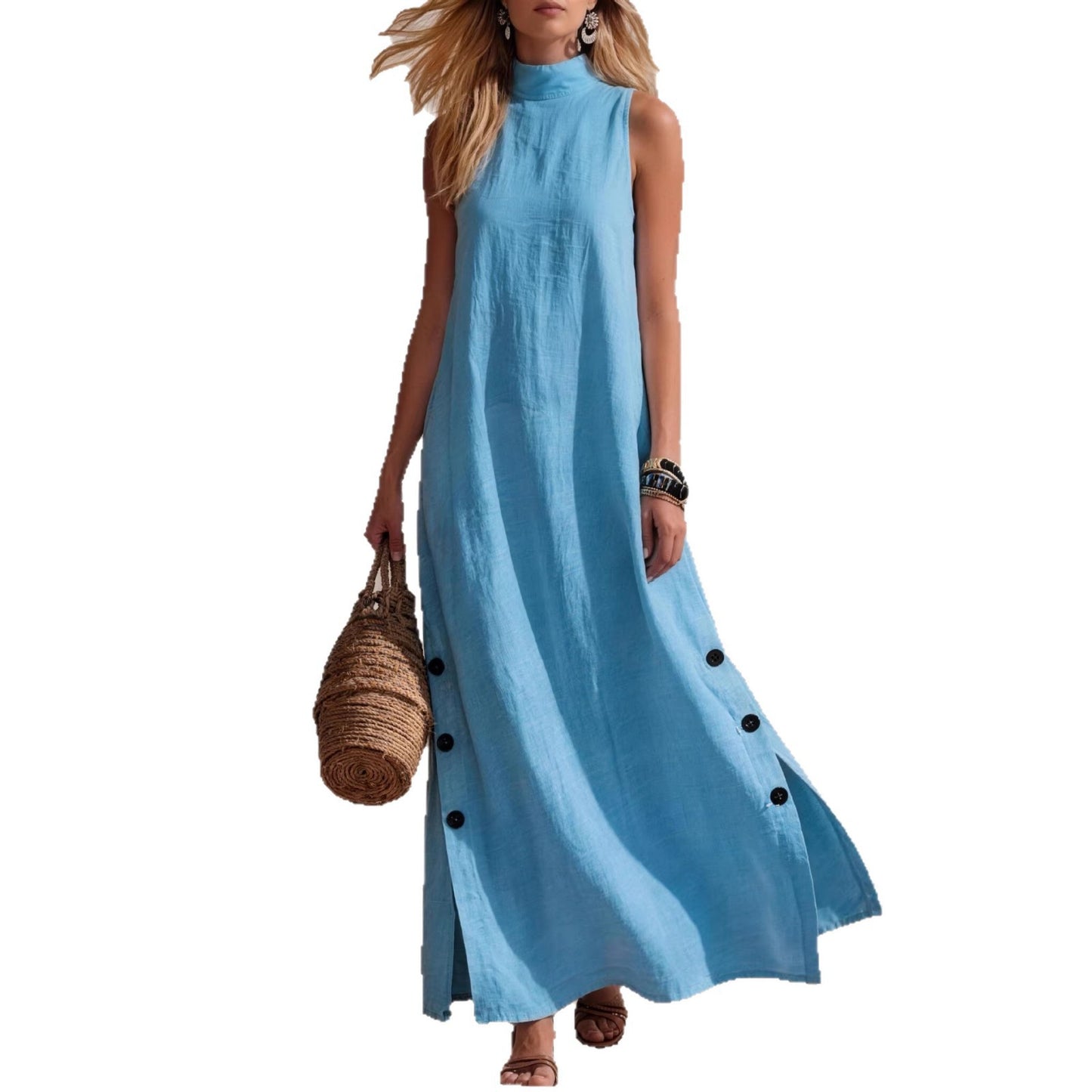 Elegant Zipper Stand Collar Slit Long Dress with Slim Fit