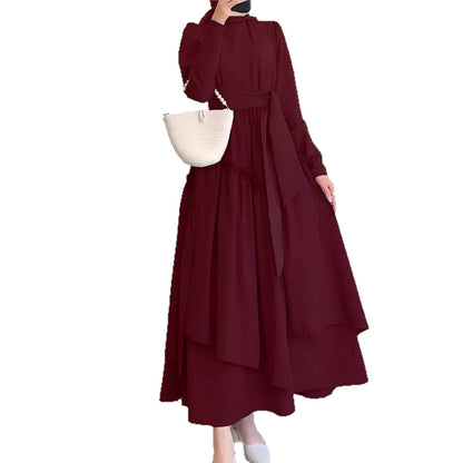 Hem Maxi Dress with High Waist and Flowing Skirt Solid Color Fitted Waist, Long Dress