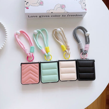 Korean Style Leather Stripe Case for Galaxy Z Flip 7/6/3/4 with Strap, Samsung 5th Gen Foldable Phone Protection