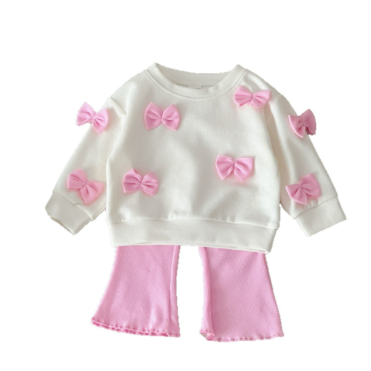 Bow decoration hoodie+high waisted elastic flared pants set