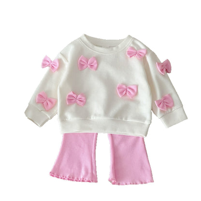 Bow decoration hoodie+high waisted elastic flared pants set