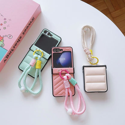 Korean Style Leather Stripe Case for Galaxy Z Flip 7/6/3/4 with Strap, Samsung 5th Gen Foldable Phone Protection