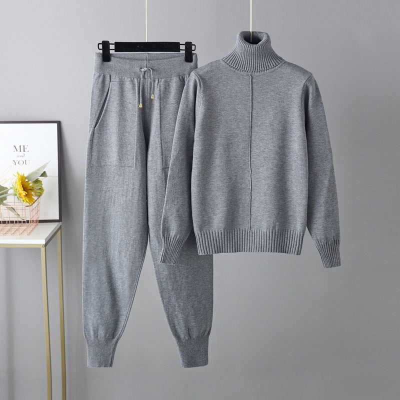 Casual Fashion Set European and American High Collar Solid Color Sweater Knitted Two Piece Set