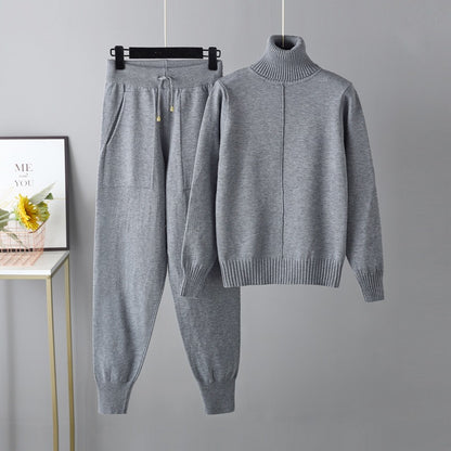 Casual Fashion Set European and American High Collar Solid Color Sweater Knitted Two Piece Set