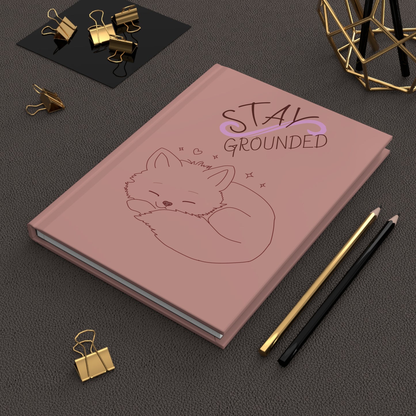 Hardcover Journal — Cute Fox & Cat 'Stay Grounded' Matte Notebook for Self-Care, Gratitude, Gift