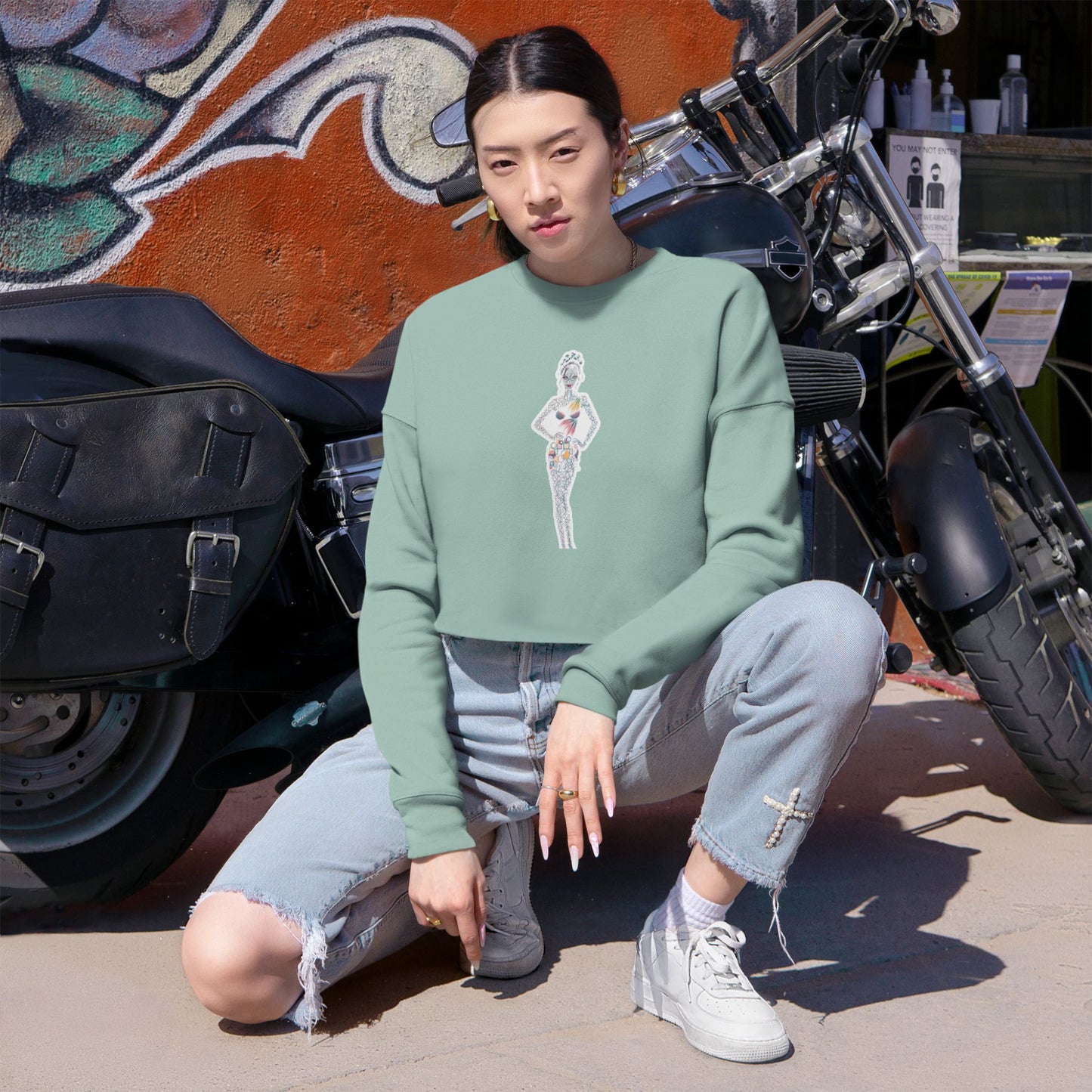 Cropped Sweatshirt — 'New Day' Heart Graphic with Retro Femme Illustration