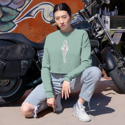 Cropped Sweatshirt — 'New Day' Heart Graphic with Retro Femme Illustration