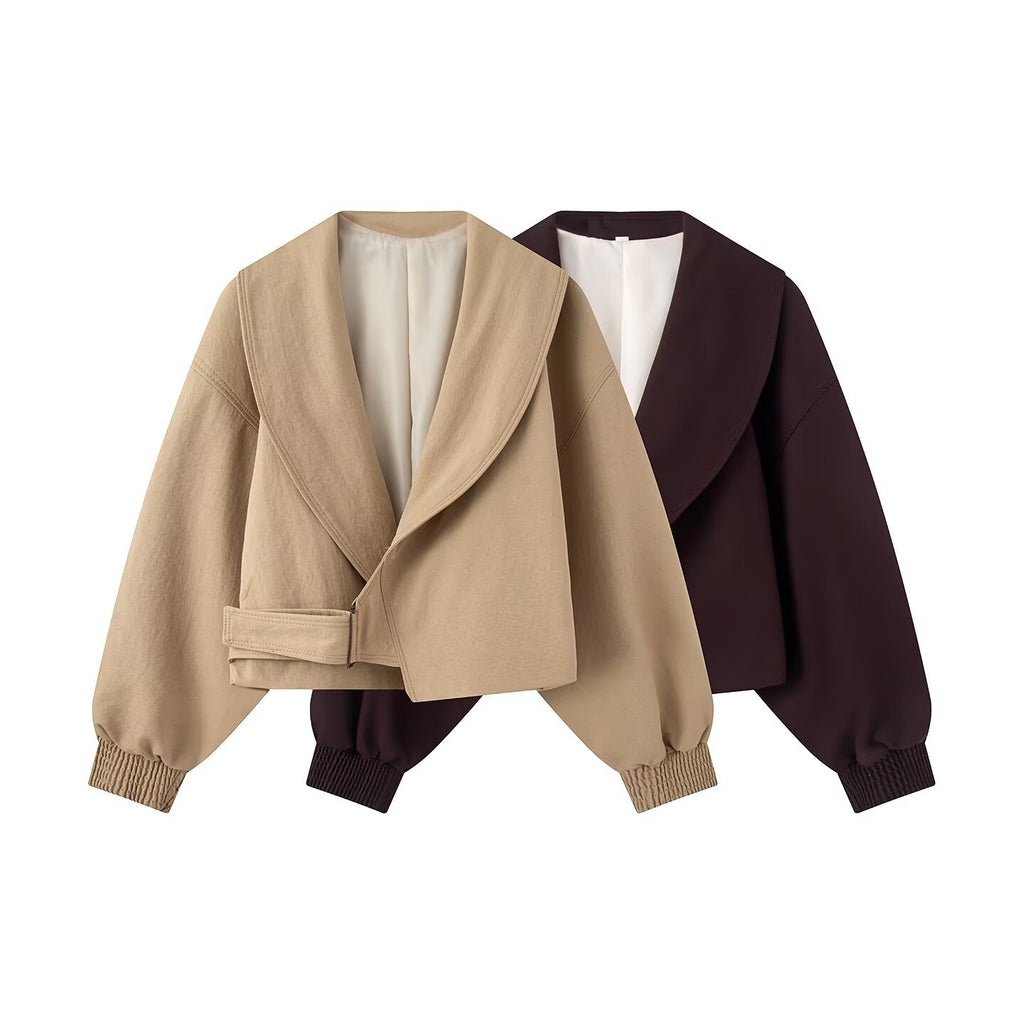 Veste courte décontractée à revers polyvalente et à manches longues