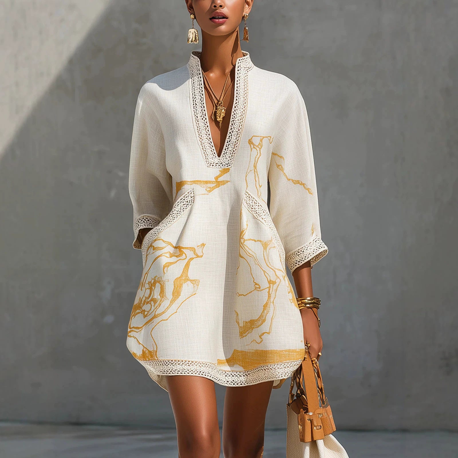 Printed lace trimmed seven quarter sleeved cotton linen short dress
