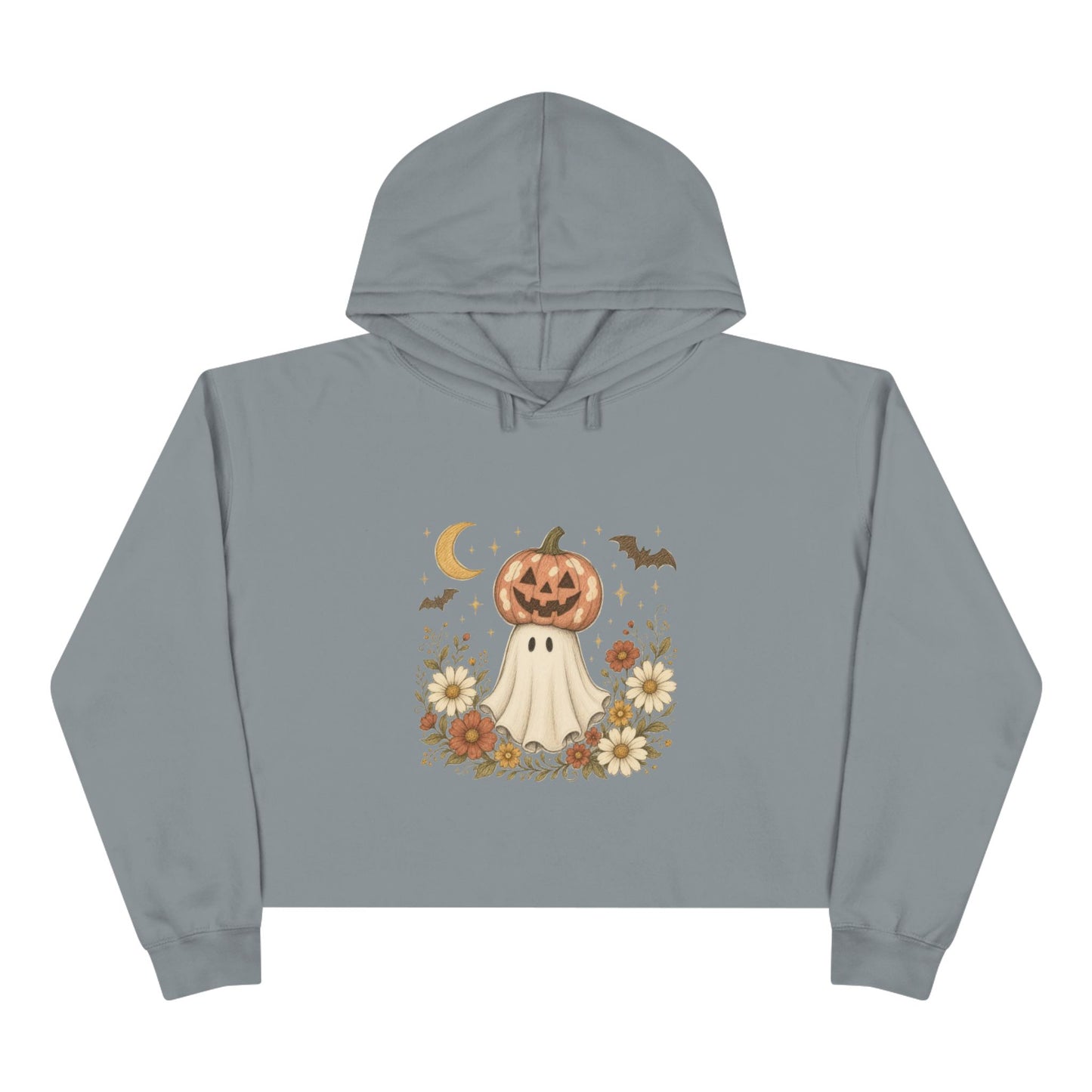 Autumn Pumpkin Ghost Crop Hoodie — Cute Halloween Crop Top Hoodie