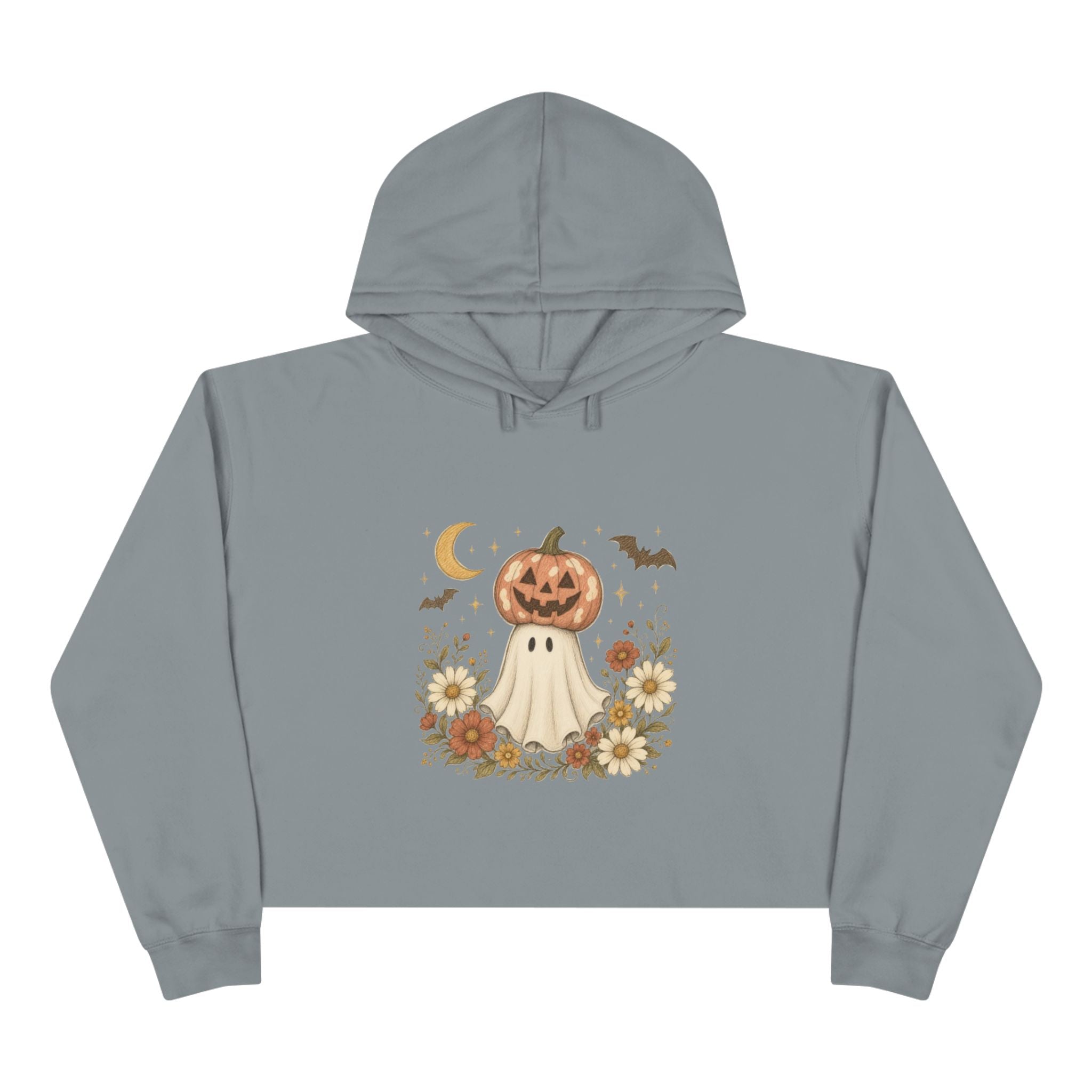 Autumn Pumpkin Ghost Crop Hoodie — Cute Halloween Crop Top Hoodie