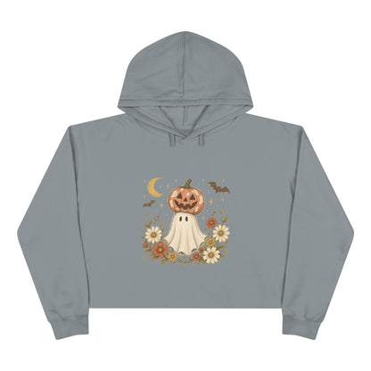 Autumn Pumpkin Ghost Crop Hoodie — Cute Halloween Crop Top Hoodie