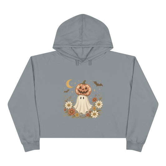 Autumn Pumpkin Ghost Crop Hoodie — Cute Halloween Crop Top Hoodie
