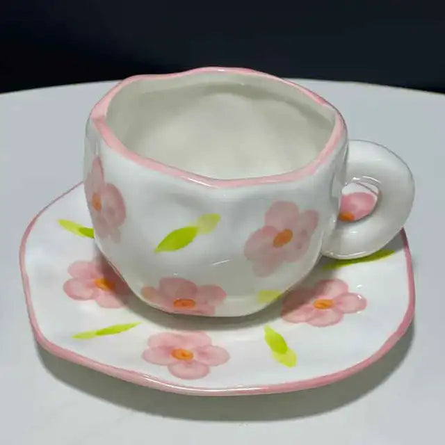 Tasse à café avec soucoupe peinte à la main Ciel bleu Nuages blancs Céramique faite à la main Tasse à thé et soucoupe Joli cadeau Tasse à café irrégulière