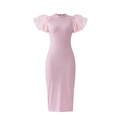 Elegant Women's Sheer Sleeve Long Dress, Fashionable Slim Fit with Waistline DesignSpring and Summer Wear
