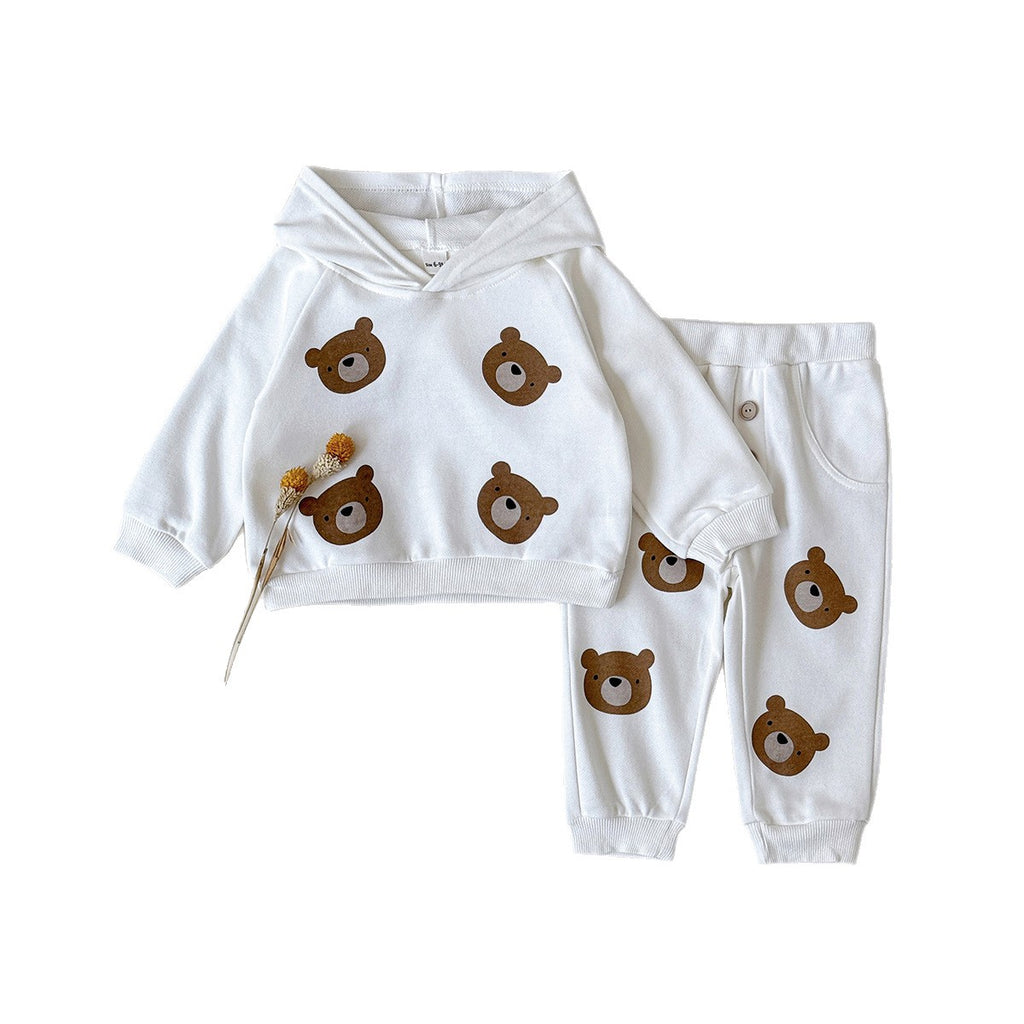 Bear print long sleeved hooded sweatshirt+long pants two-piece set