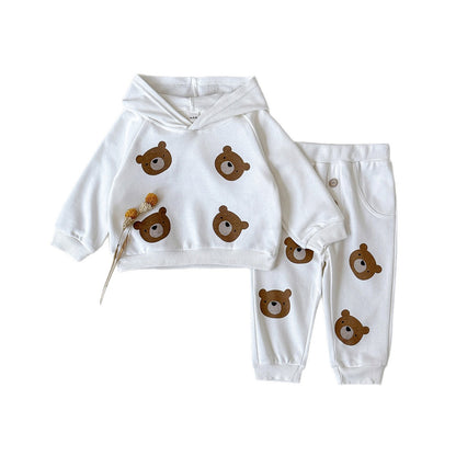 Bear print long sleeved hooded sweatshirt+long pants two-piece set