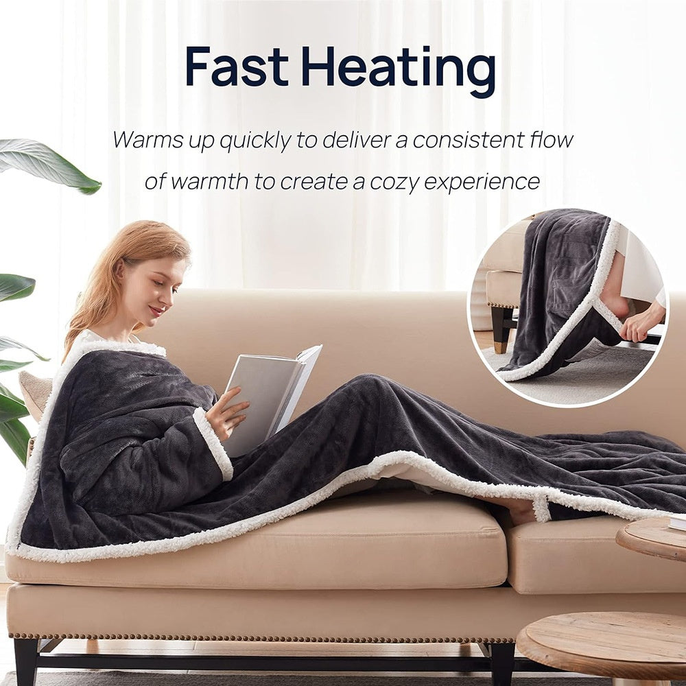 Electric Heating Blanket Fleece Lamb Velvet Wearable Heated Blanket with Sleeves for Home and Office Use