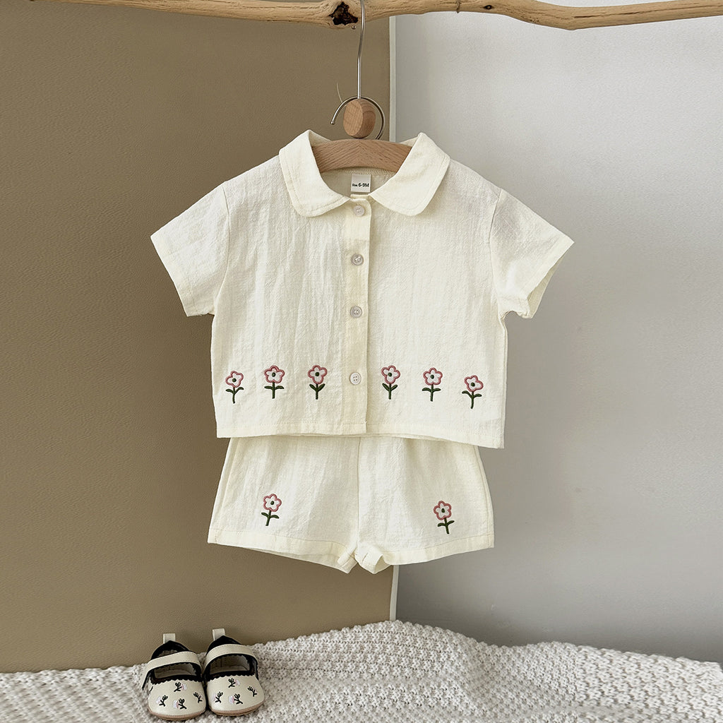 Cute embroidered floral shirt cardigan shorts set