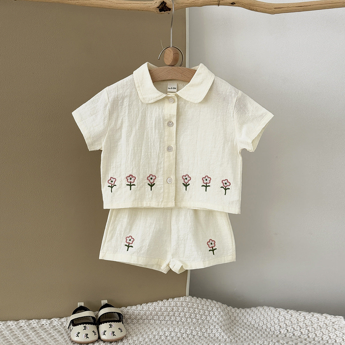 Cute embroidered floral shirt cardigan shorts set