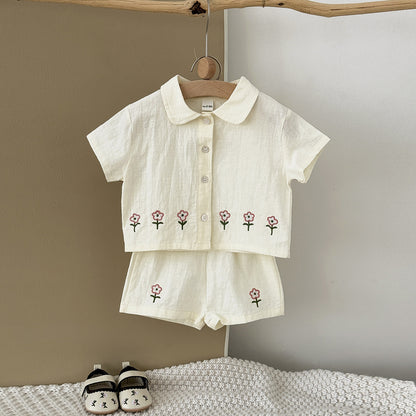 Cute embroidered floral shirt cardigan shorts set