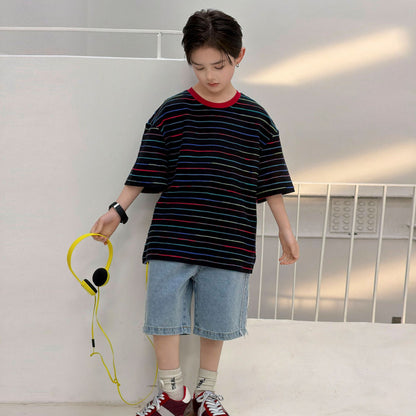Boys' summer jacquard striped round neck short sleeved shirt
