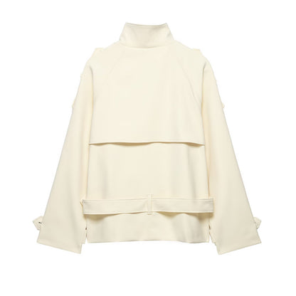 Commuting style stand up collar curved shoulder shape tied windbreaker jacket