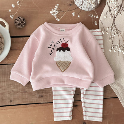 Two piece pink ice cream embroidered hoodie+striped pit pants casual set