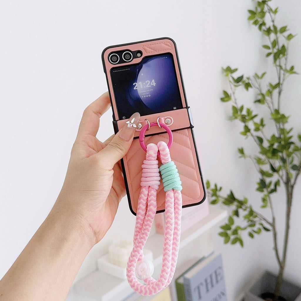 Korean Style Leather Stripe Case for Galaxy Z Flip 7/6/3/4 with Strap, Samsung 5th Gen Foldable Phone Protection