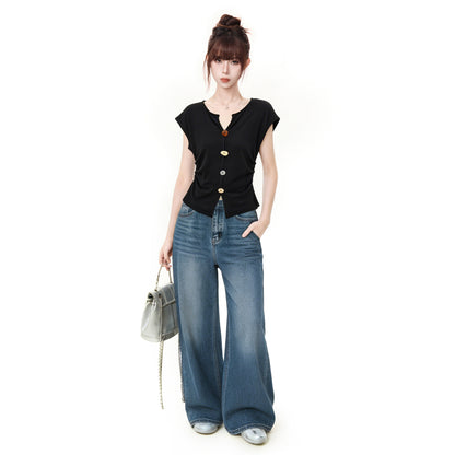 Black V-Neck Short Sleeve T-Shirt for Women, Spicy Fitted Ruched Slim Fit Top