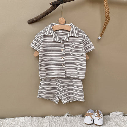 Solid color narrow stripe button set two-piece set