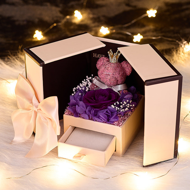 Copy of Eternal Flower Gift Box with Rose and Bear, Double-Door Design, Elegant Jewelry Packaging Box for Valentine's Day