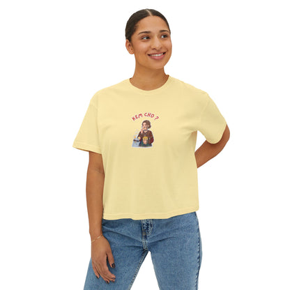 Boxy Tee — Cute Korean Phrase Graphic "Kem Cho?" Cropped Women's Tee