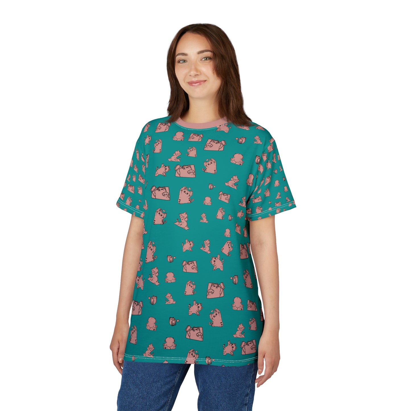 Teal All-Over Print Tee with Cute Cat Pattern