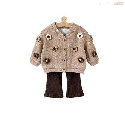 3D flower knitted cardigan set sweater+micro flared pants
