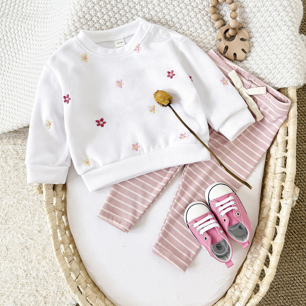 Floral embroidery pullover hoodie long sleeved long pants two-piece set
