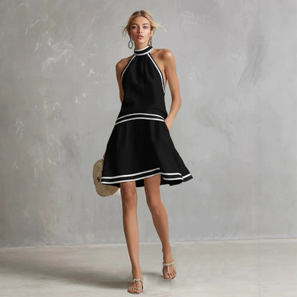 Choker Neck Fashion Short Dress with Striped Trim, Comfortable Sleeveless Fitted Dress