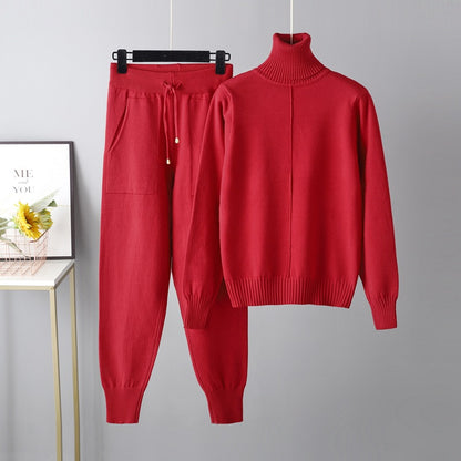 Casual Fashion Set European and American High Collar Solid Color Sweater Knitted Two Piece Set