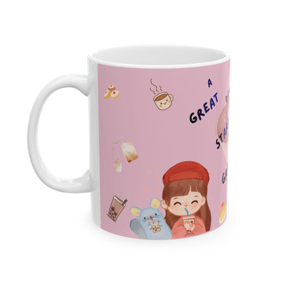 Ceramic Mug — "A Great Day Starts With a Great Smile" Cute Pink Kawaii Coffee Tea Cup
