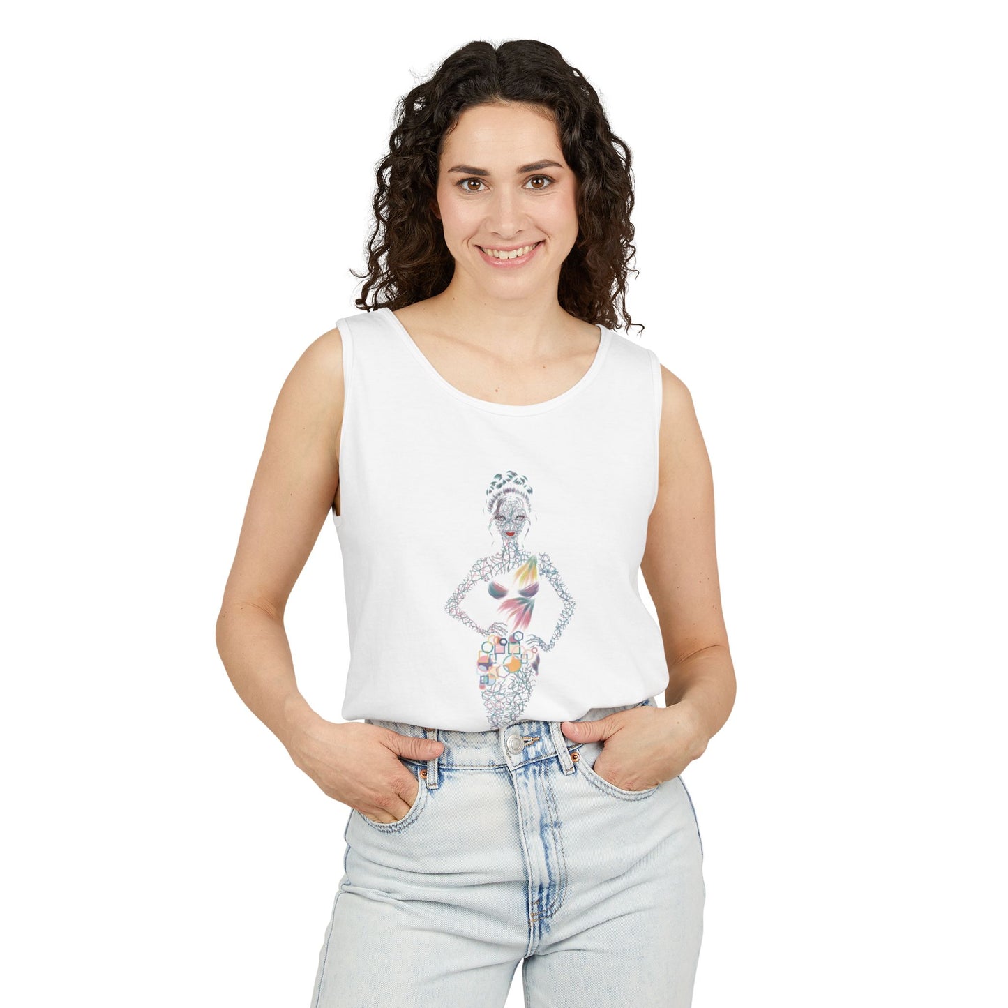 Tank Top — Floral Fashion Figure Front & "It's a New Day" Heart Back Graphic