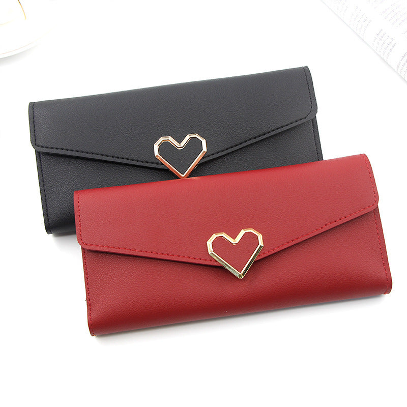 Long portefeuille en cuir uni en forme de cœur avec plusieurs fentes pour cartes, portefeuille à boucle, grande capacité, sac à main