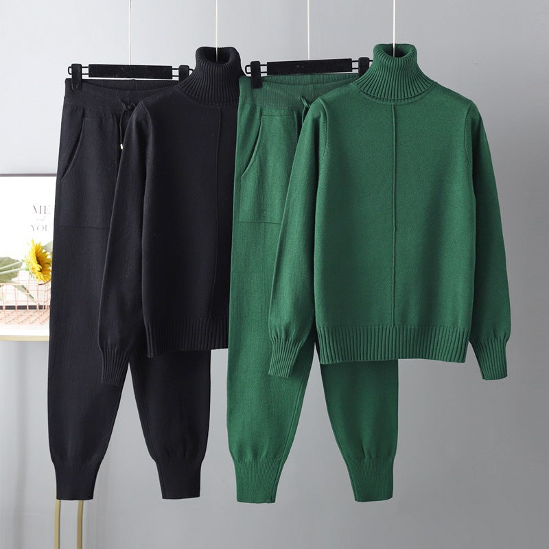 Casual Fashion Set European and American High Collar Solid Color Sweater Knitted Two Piece Set