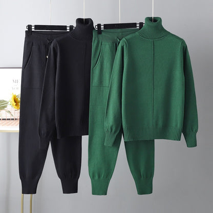 Casual Fashion Set European and American High Collar Solid Color Sweater Knitted Two Piece Set