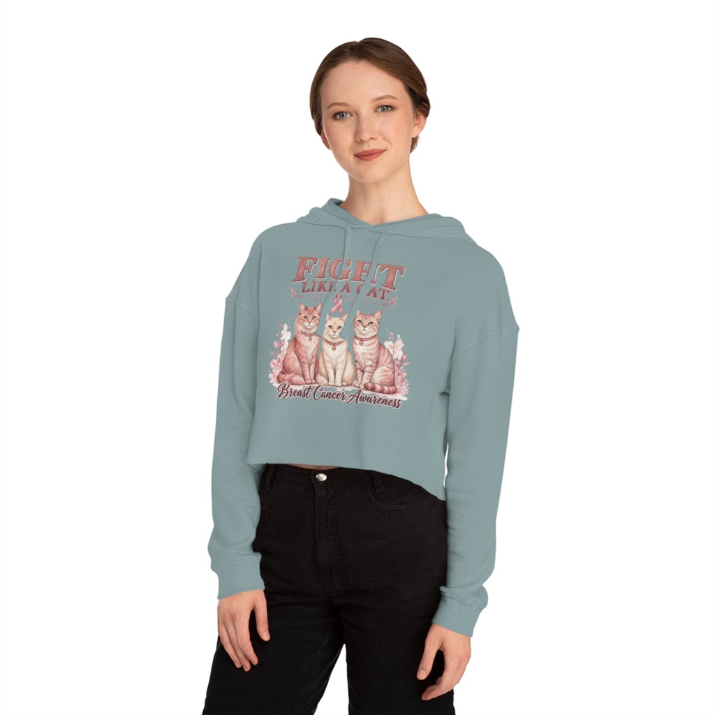 Fight Like a Cat Cropped Hoodie — Breast Cancer Awareness Women’s Sweatshirt