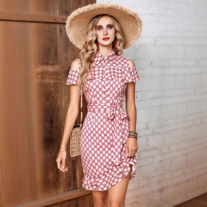 Off shoulder ruffled lace up dress for women