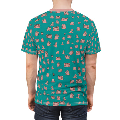 Teal All-Over Print Tee with Cute Cat Pattern