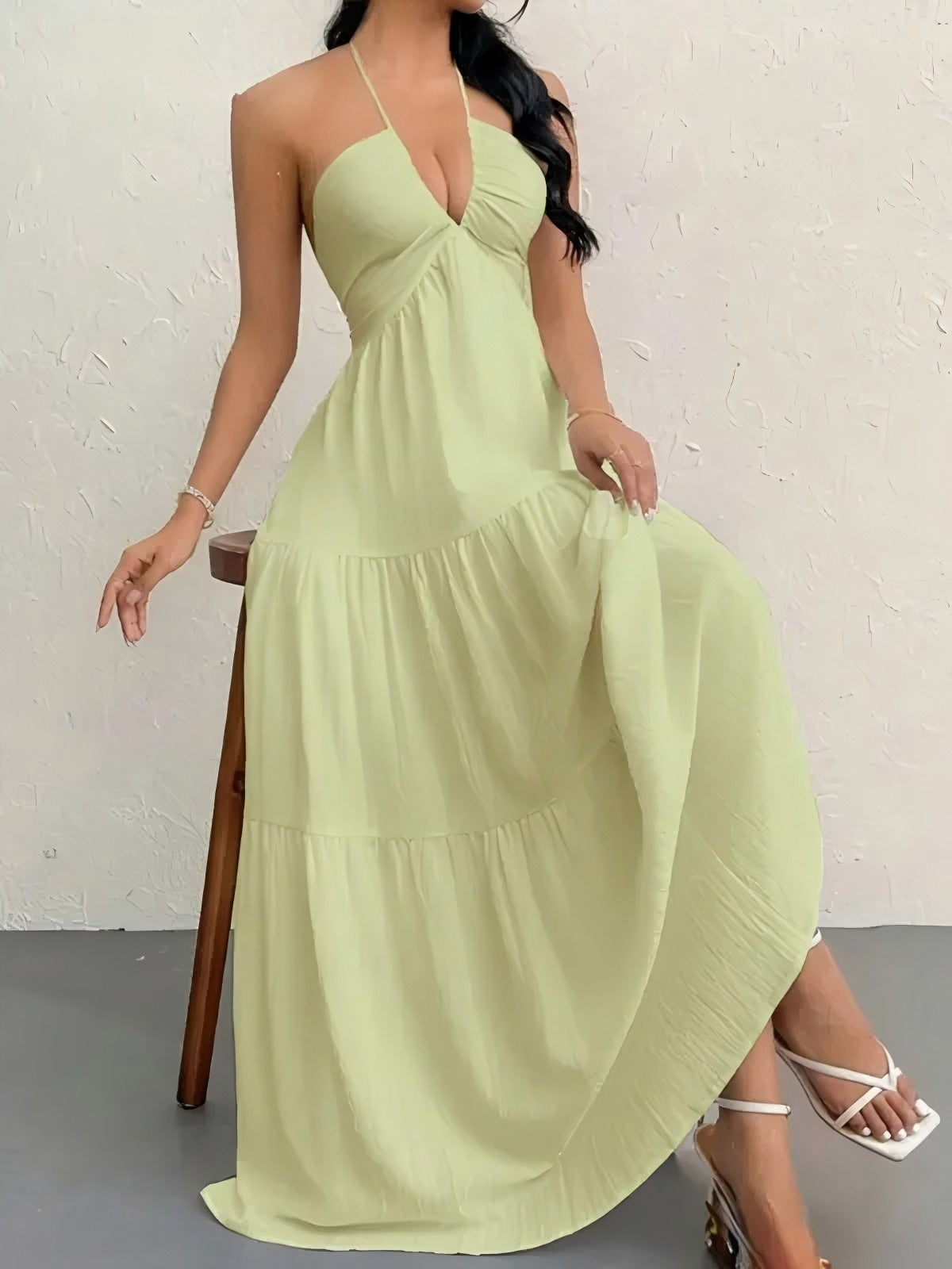 Nouvelle Robe d'Été Style Européen et Américain, Couleur Unie, Sans Bretelles, Dos Nu, Nouée, de Plage, Décontractée, à Col Halter