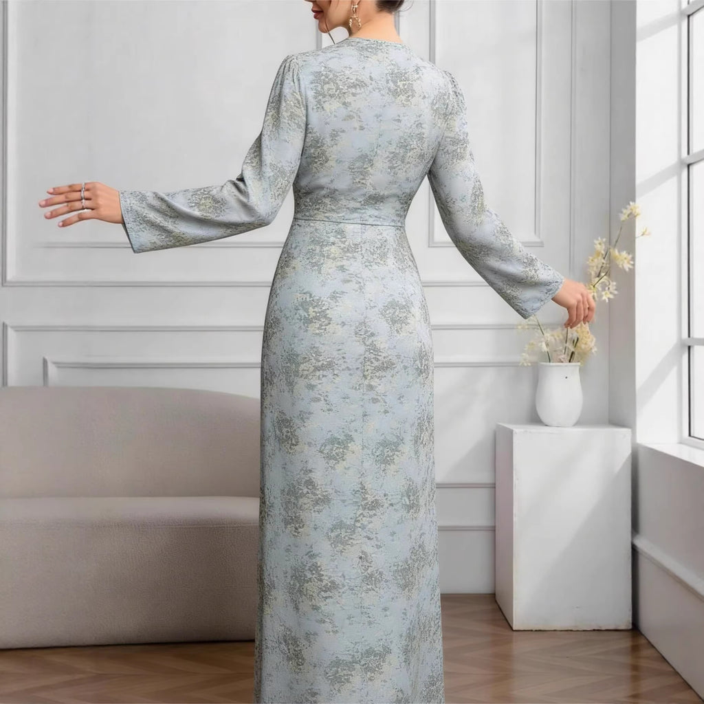 Robe longue élégante à manches longues imprimé floral avec ceinture à nouer pour femme