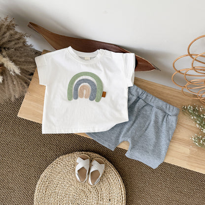 Rainbow pattern patch round neck short sleeved+casual sports shorts two-piece set