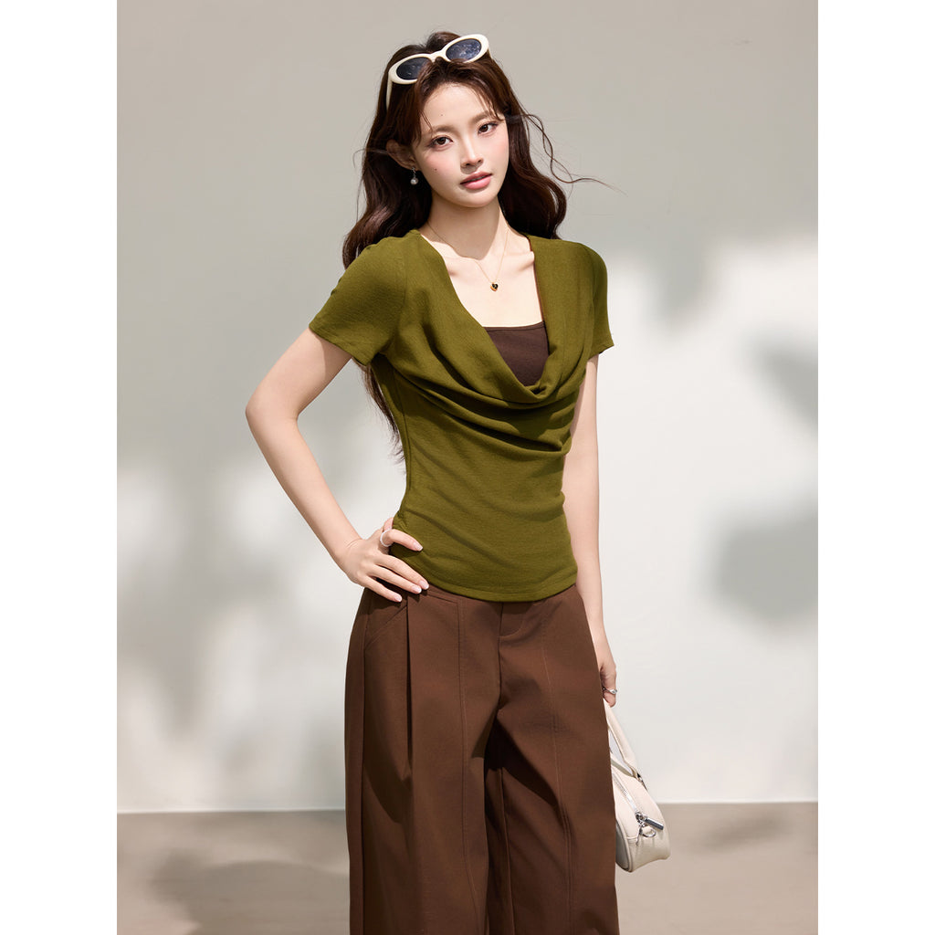 False Two-Piece Drape Neck Short Sleeve T-Shirt